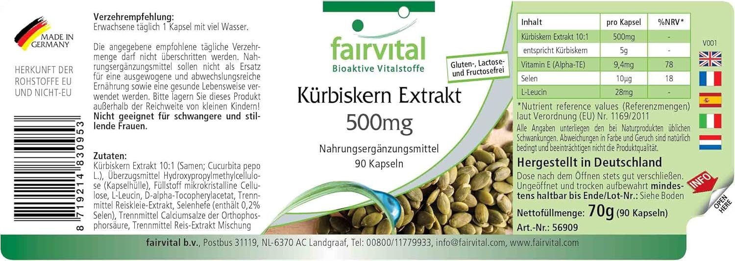90 Kuerbiskern extrakt kapseln hochdosiert 500mg vegan | Fairvital