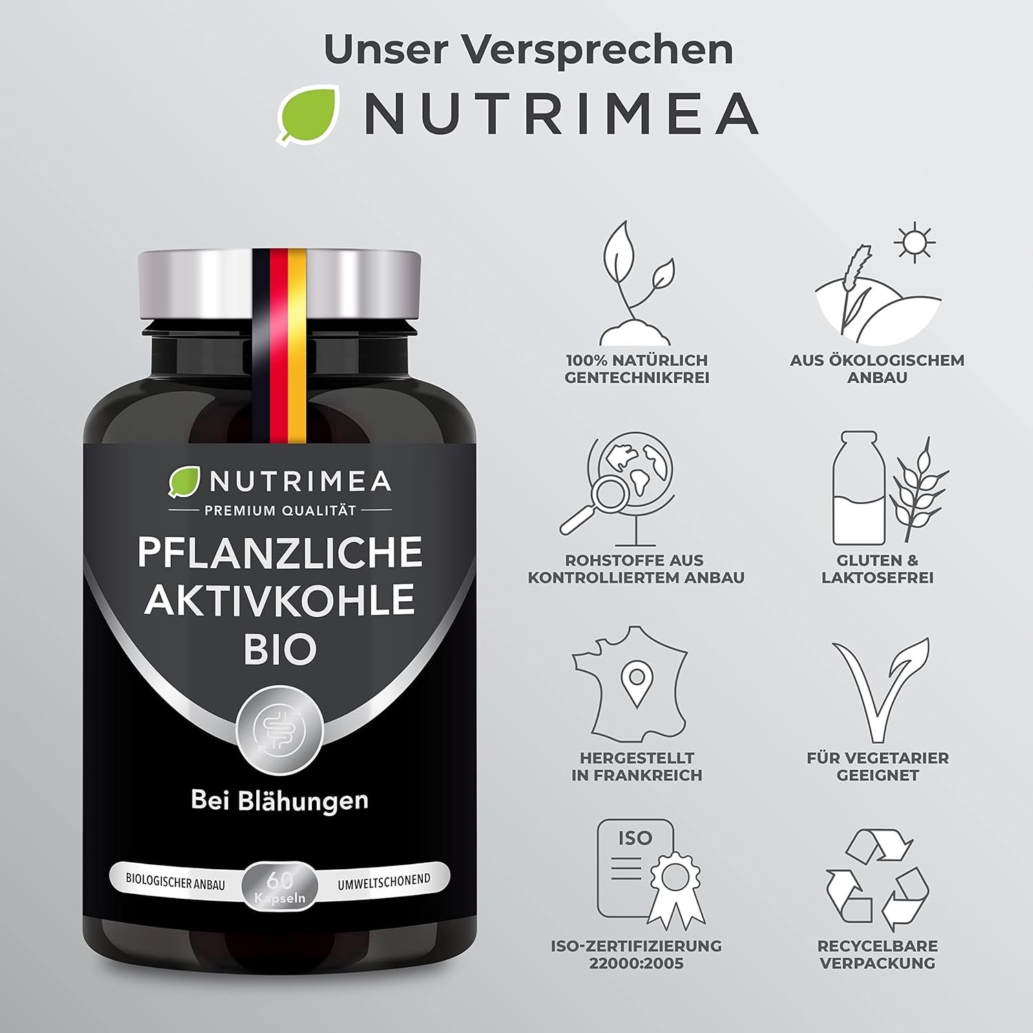 60 Vegane aktivkohle kapseln bio gegen blähungen & völlegefühl | Nutrimea