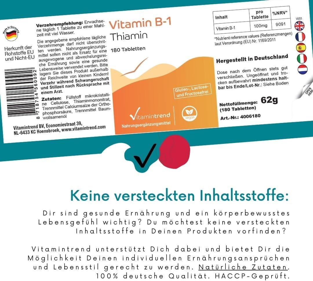 180 Tabletten Vitamin B1 Tabletten 100 mg hochdosiert vegan Vitamintrend®