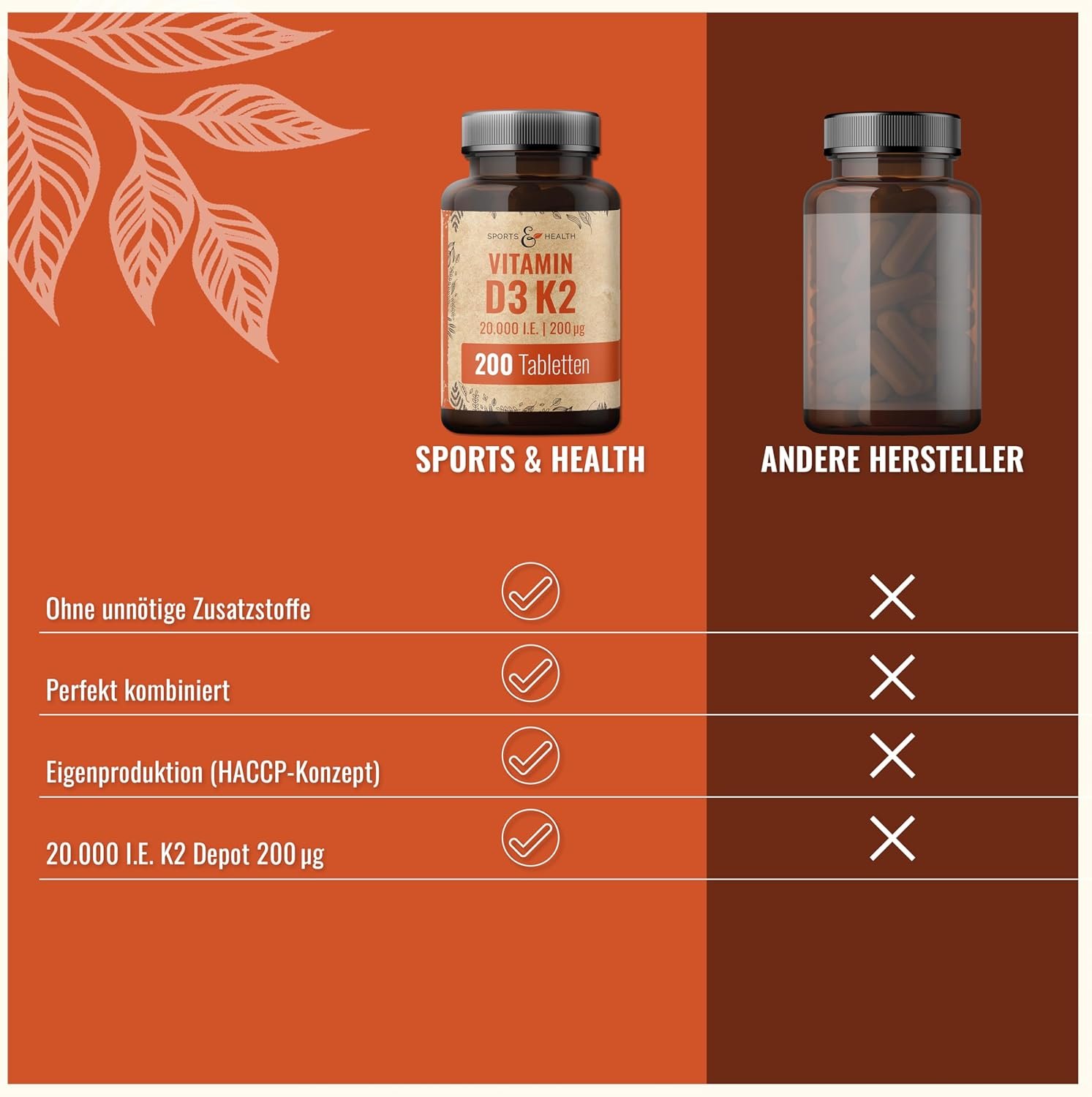 200 Tabletten Vitamin D3 K2 Tabletten 20.000 IE D3 200 µg K2-MK7 hochdosiert