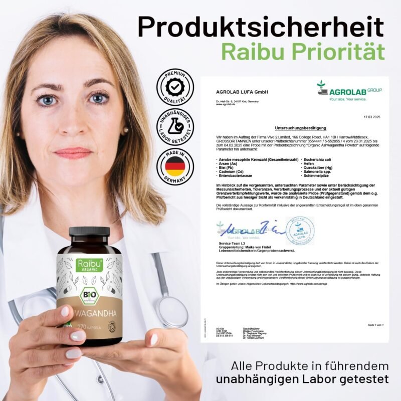 270 Ashwagandha Kapseln bio hochdosiert 2400 mg pro Tag aus deutscher Herstellung | RAIBU