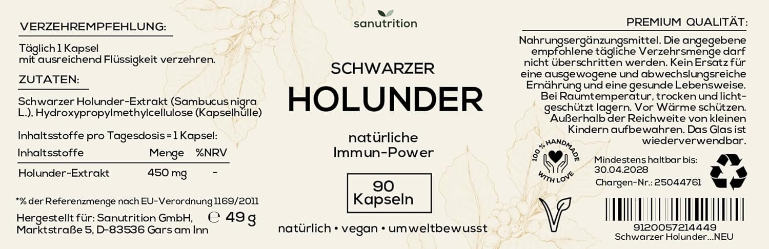 90 Holunder kapseln hochdosiert 450mg vegan ohne zusätze | Sanutrition