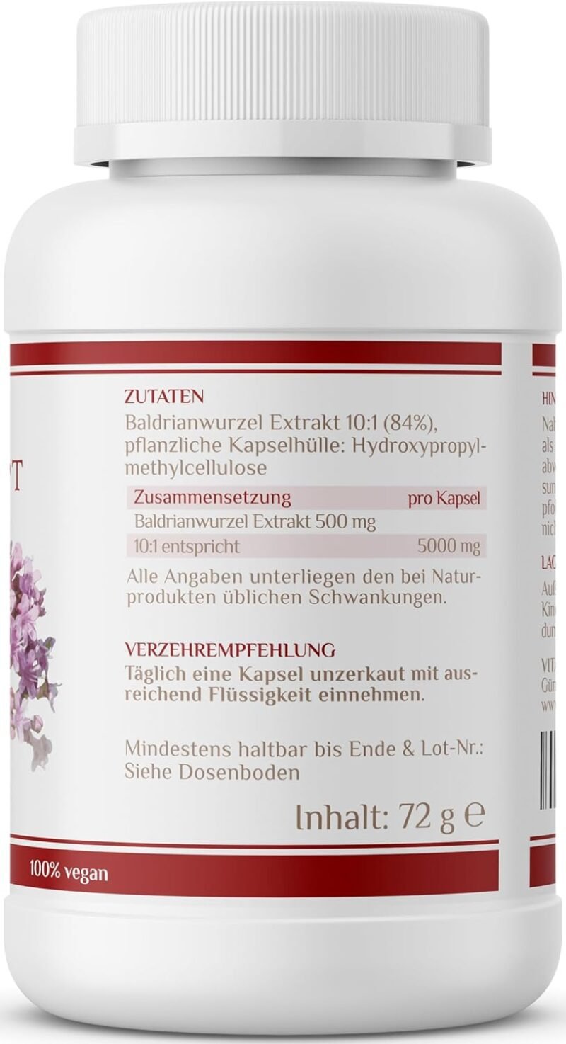 120 baldrian kapseln hochdosiert – 5000 mg 10:1 Extrakt – Vegan – Vitaconcept