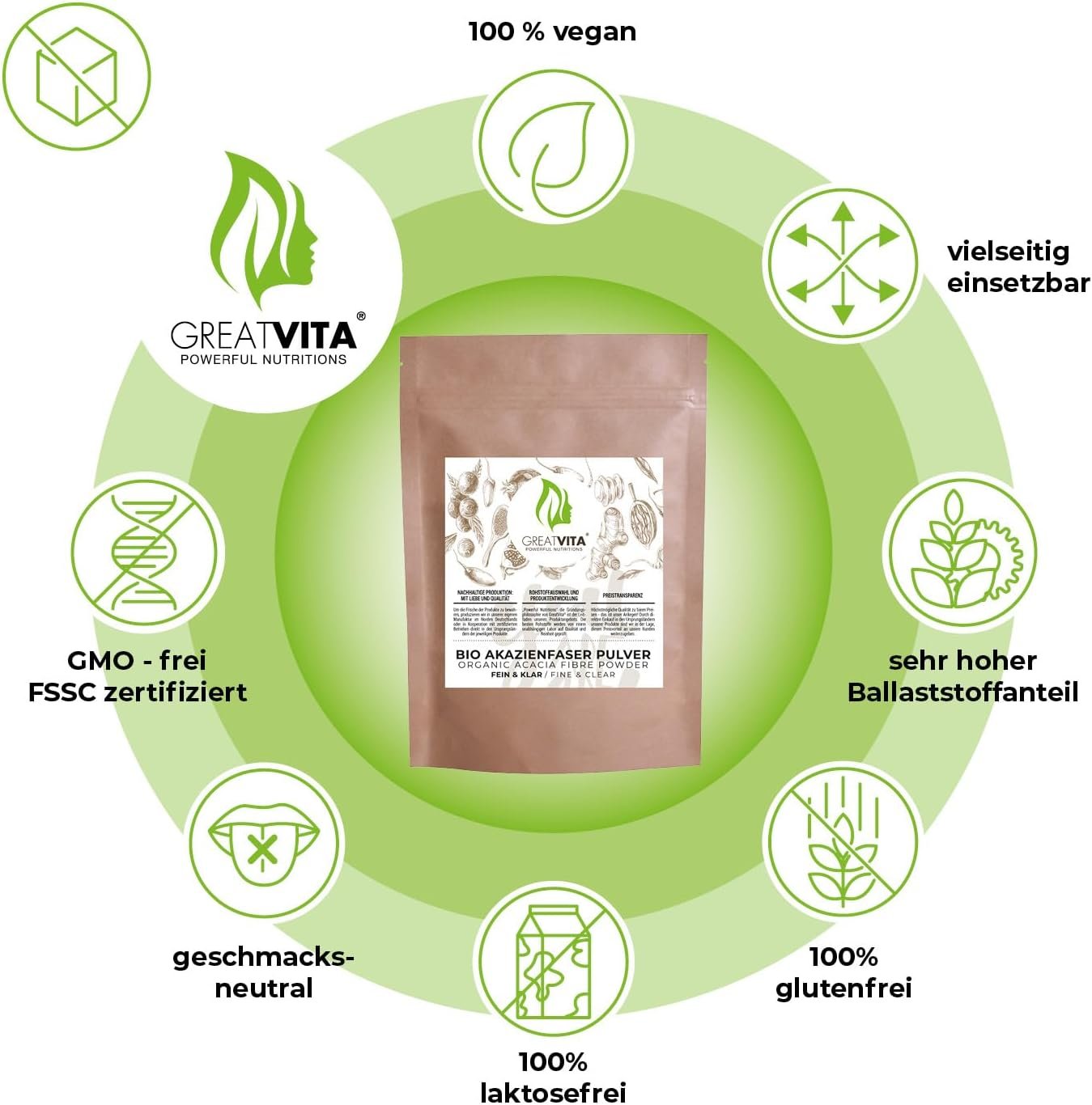 400 g Akazienfaser Pulver bio löslich & ballaststoffreich | GreatVita