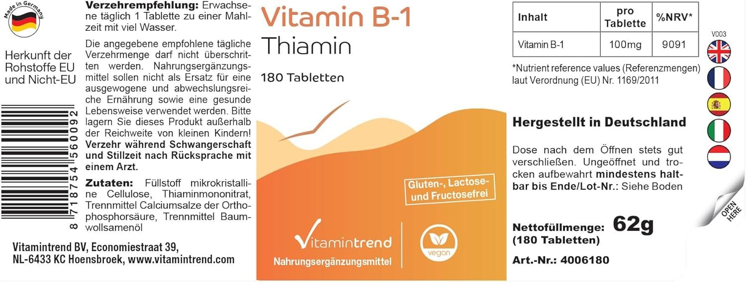 180 Tabletten Vitamin B1 Tabletten 100 mg hochdosiert vegan Vitamintrend®
