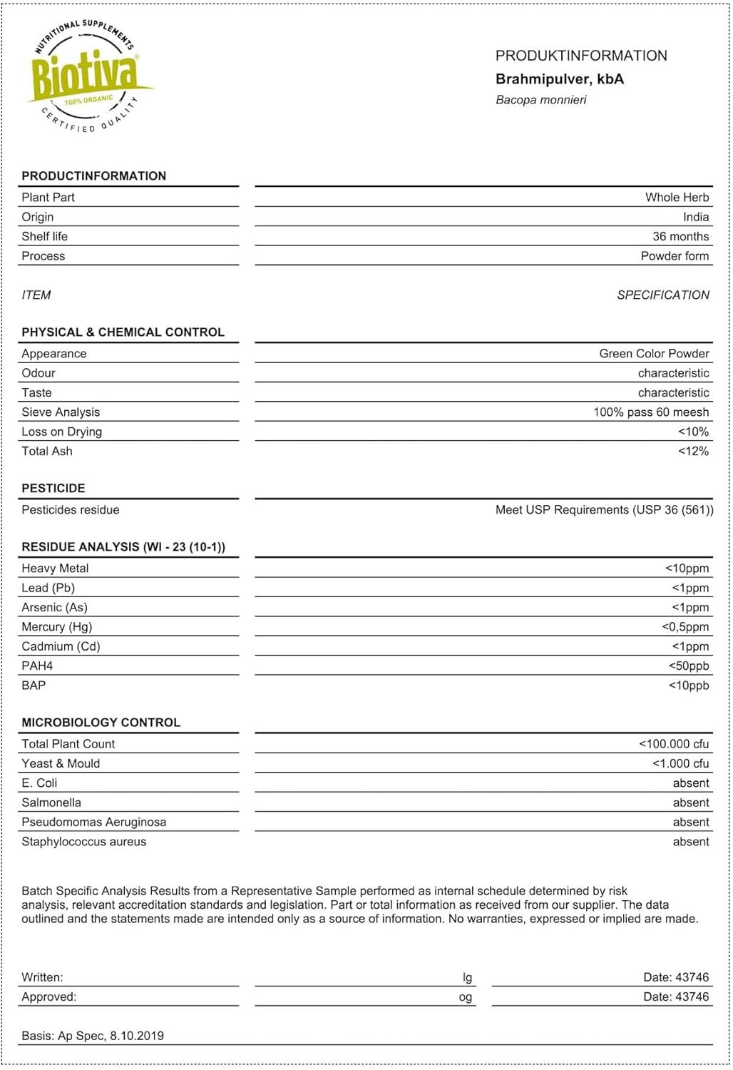 150 Kapseln Brahmi Kapseln Bio 500 mg Bacopa Monnieri vegan Biotiva