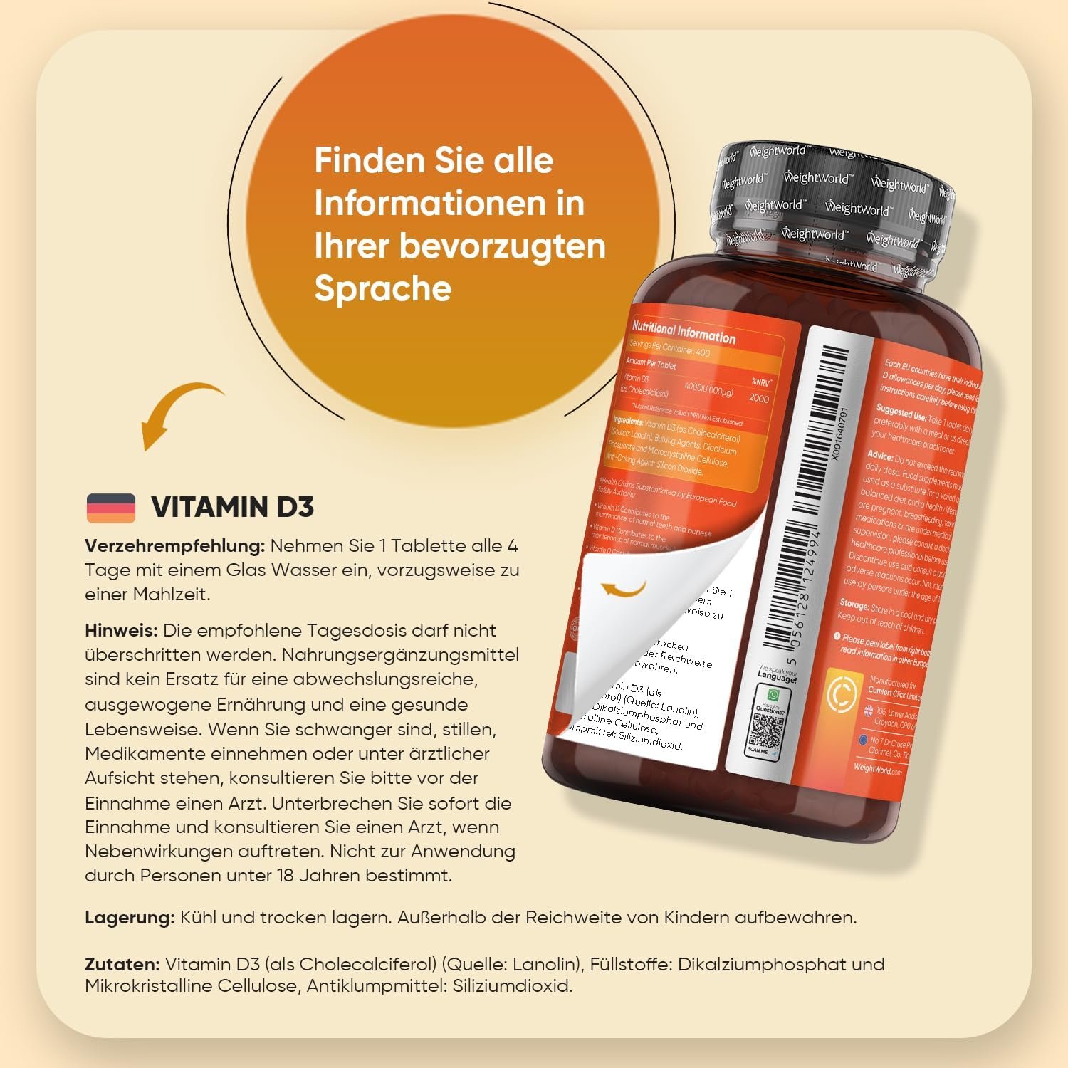 400 Tabletten Vitamin D3 Tabletten 4000 IE vegetarisch WeightWorld