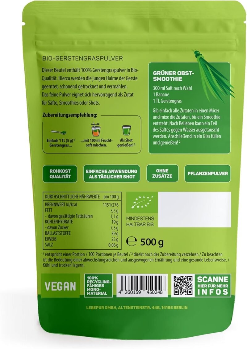 500 g Gerstengras Pulver bio rohkostqualität ballaststoffreich vegan | Lebepur