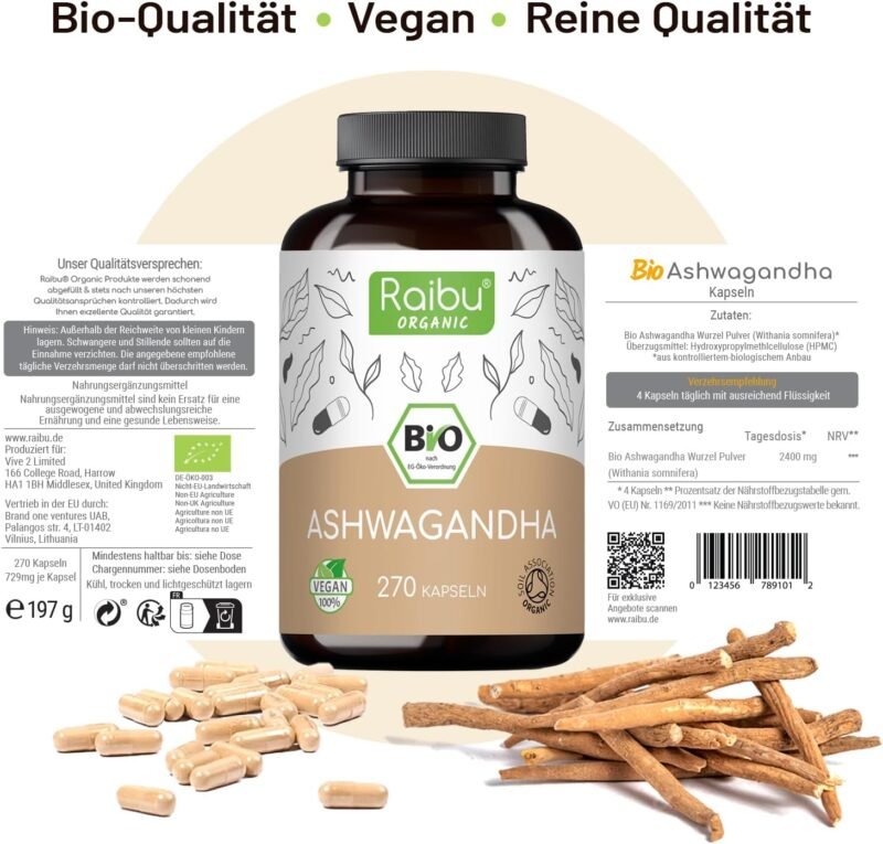 270 Ashwagandha Kapseln bio hochdosiert 2400 mg pro Tag aus deutscher Herstellung | RAIBU