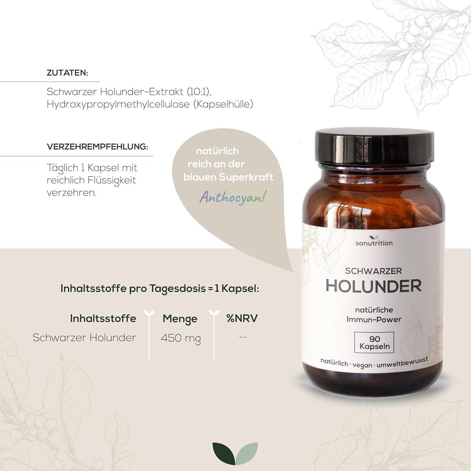 90 Holunder kapseln hochdosiert 450mg vegan ohne zusätze | Sanutrition