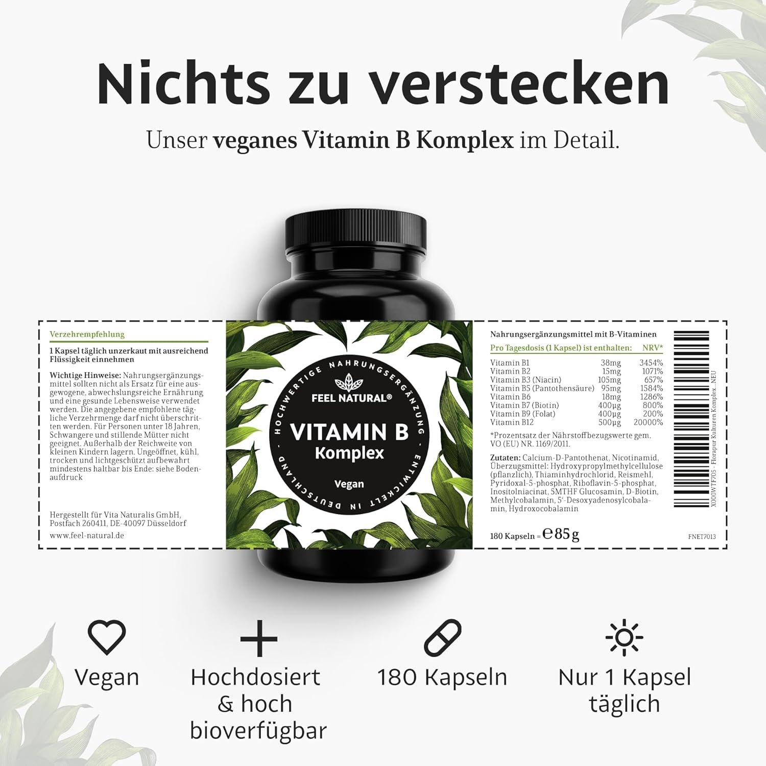 8184lUxpSrL._AC_SL1500_ 180 Kapseln Vitamin B Komplex Kapseln hochdosiert vegan Feel Natural