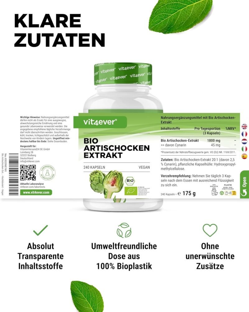 240 Kapseln Bio Artischocken Extrakt 1800 mg 2,5% Cynarin vegan Vit4ever