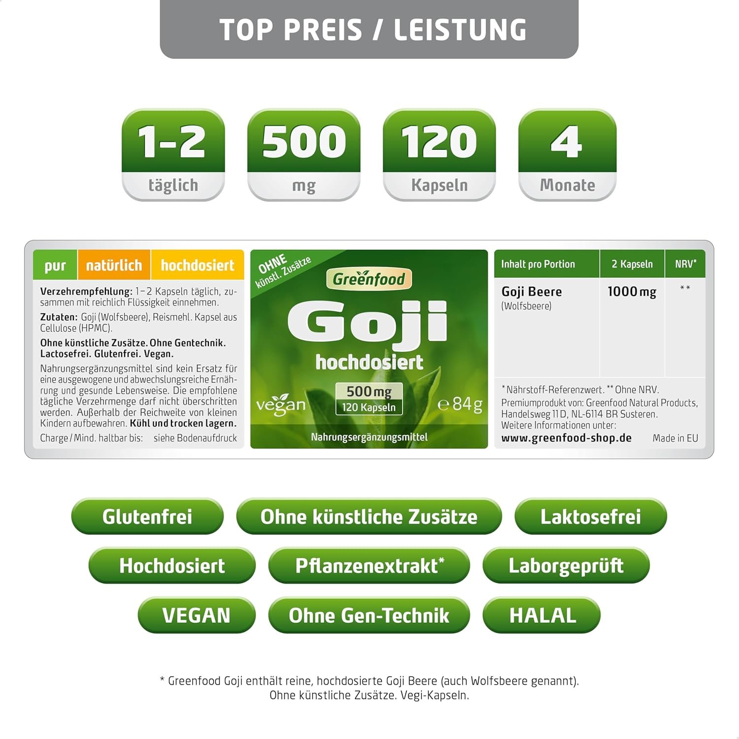 120 Goji Kapseln hochdosiert 500 mg vegan laborgeprüft | Greenfood