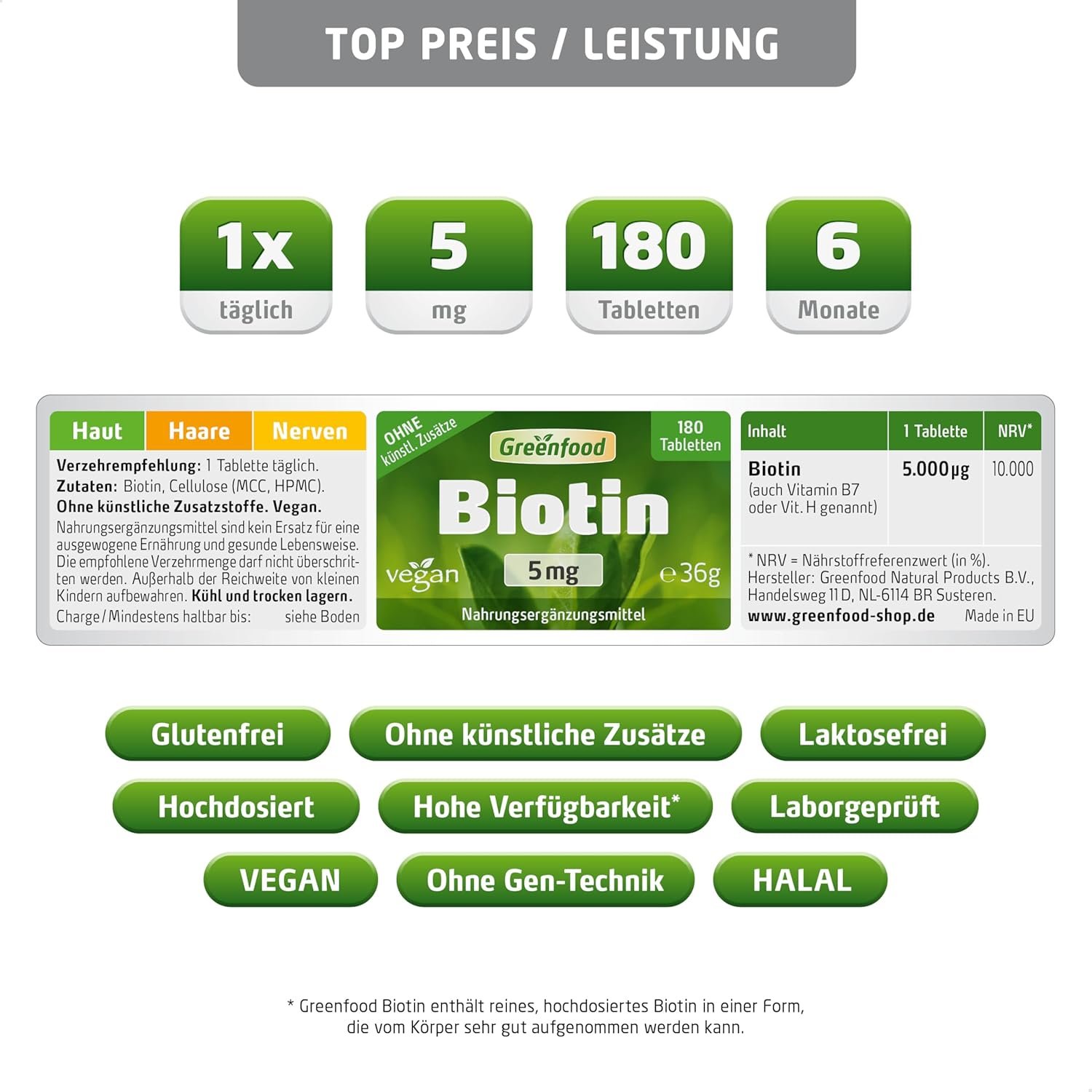 81AhId9ntvL._AC_SL1500_ 180 Tabletten Biotin Tabletten 5 mg hochdosiert vegan Greenfood