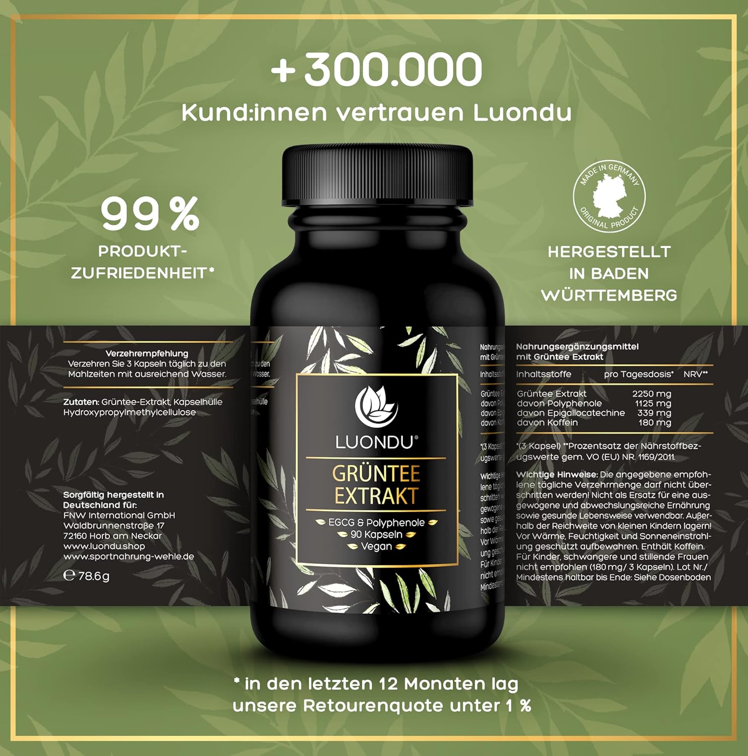 90 grüntee extrakt kapseln – Hochdosiert mit 2250mg Extrakt & 339mg EGCG – Vegan