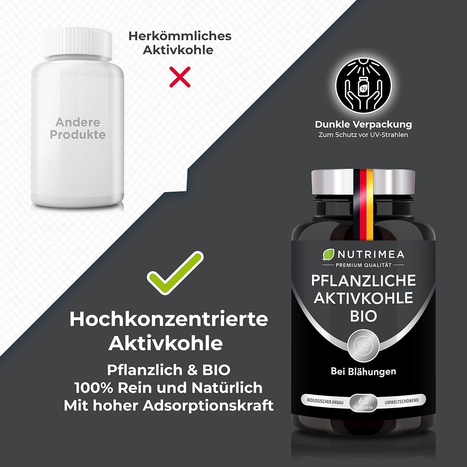 60 Vegane aktivkohle kapseln bio gegen blähungen & völlegefühl | Nutrimea
