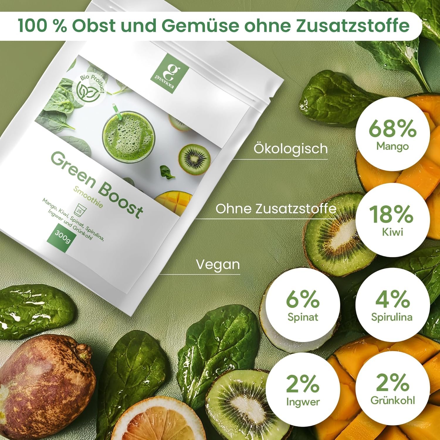 300g Green powder smoothie bowl pulver gefriergetrocknet 100% natürlich | GREENORA
