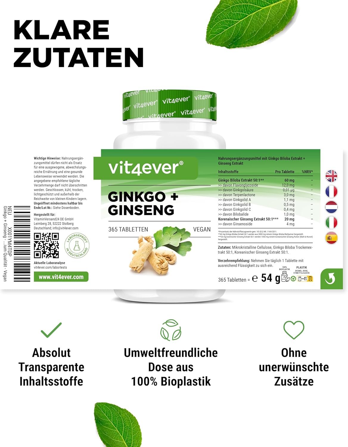 365 ginkgo ginseng tabletten – Hochdosierter Spezialextrakt – Laborgeprüft – Vegan