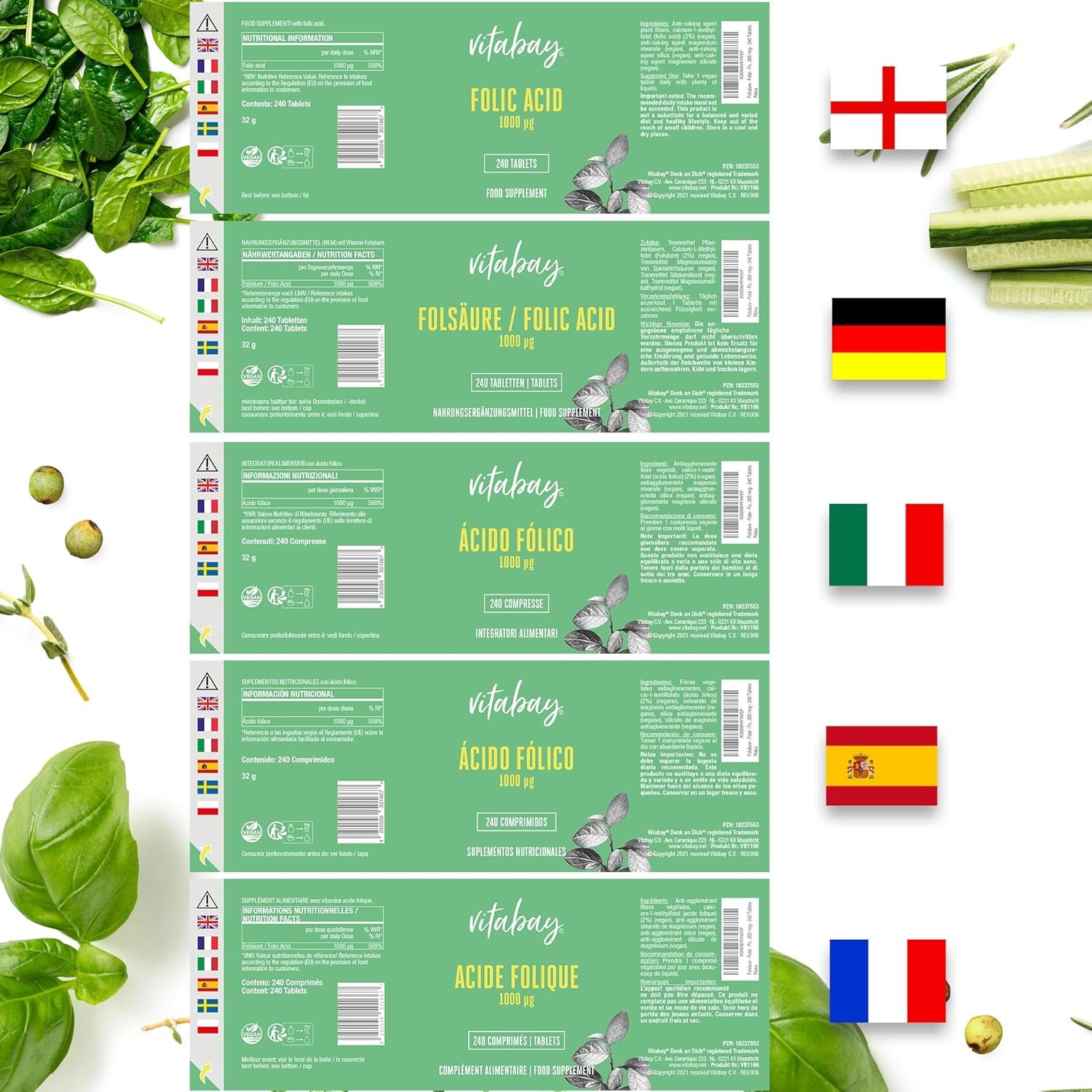240 Tabletten Folsäure Tabletten Hochdosiert 1000 mcg vegan Vitabay