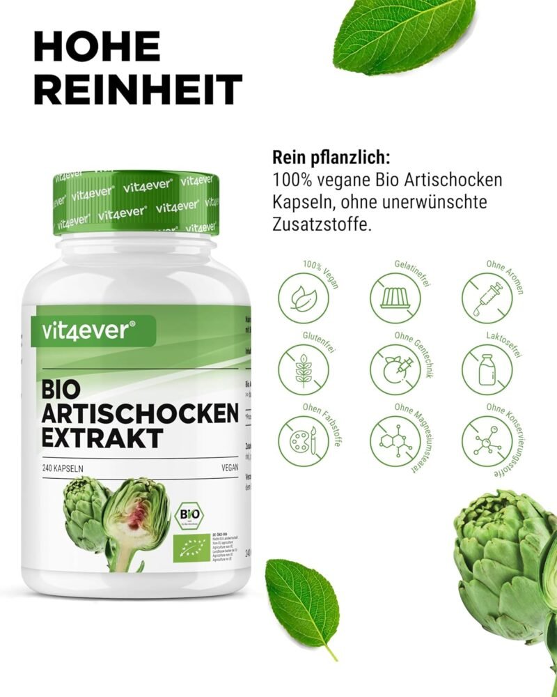 240 Kapseln Bio Artischocken Extrakt 1800 mg 2,5% Cynarin vegan Vit4ever