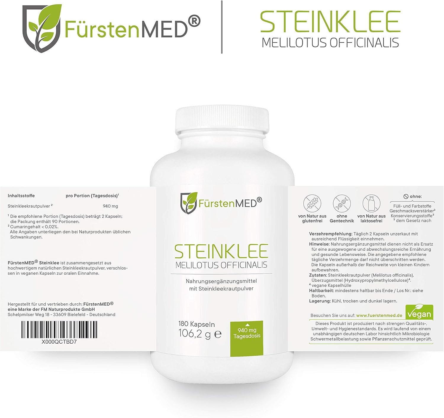 81TT+GVyQ1L._AC_SL1500_ 180 Steinklee Kapseln Vegan – 940 mg pro Tagesdosis – Laborgeprüft – FürstenMED®