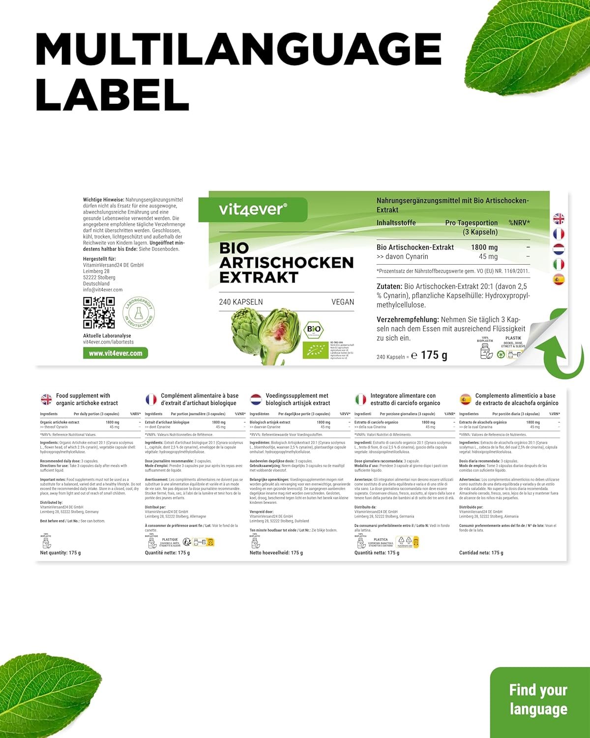 240 Kapseln Bio Artischocken Extrakt 1800 mg 2,5% Cynarin vegan Vit4ever