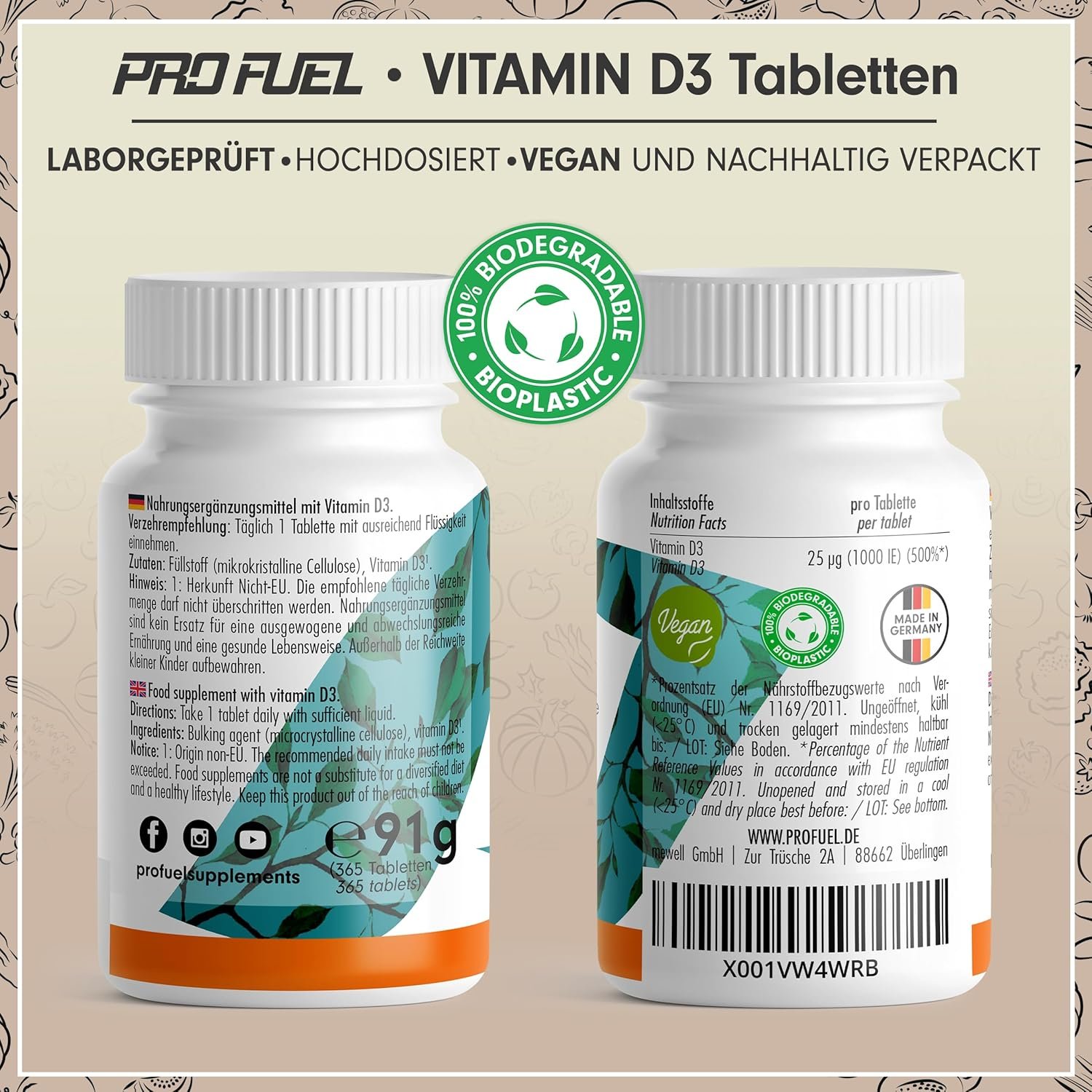 81URNG7FIcL._AC_SL1500_ 365 Tabletten Vitamin D3 Tabletten 1000 IE vegan Jahresvorrat ProFuel