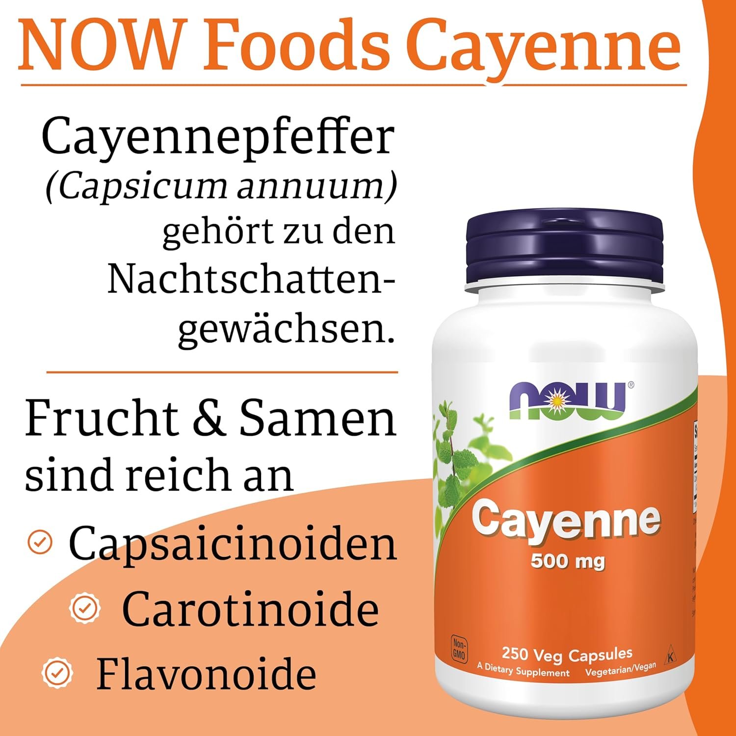 81XjhjvDXRL._AC_SL1500_ 250 cayenne 500mg kapseln – Vegan, Laborgeprüft, Glutenfrei – Now Foods