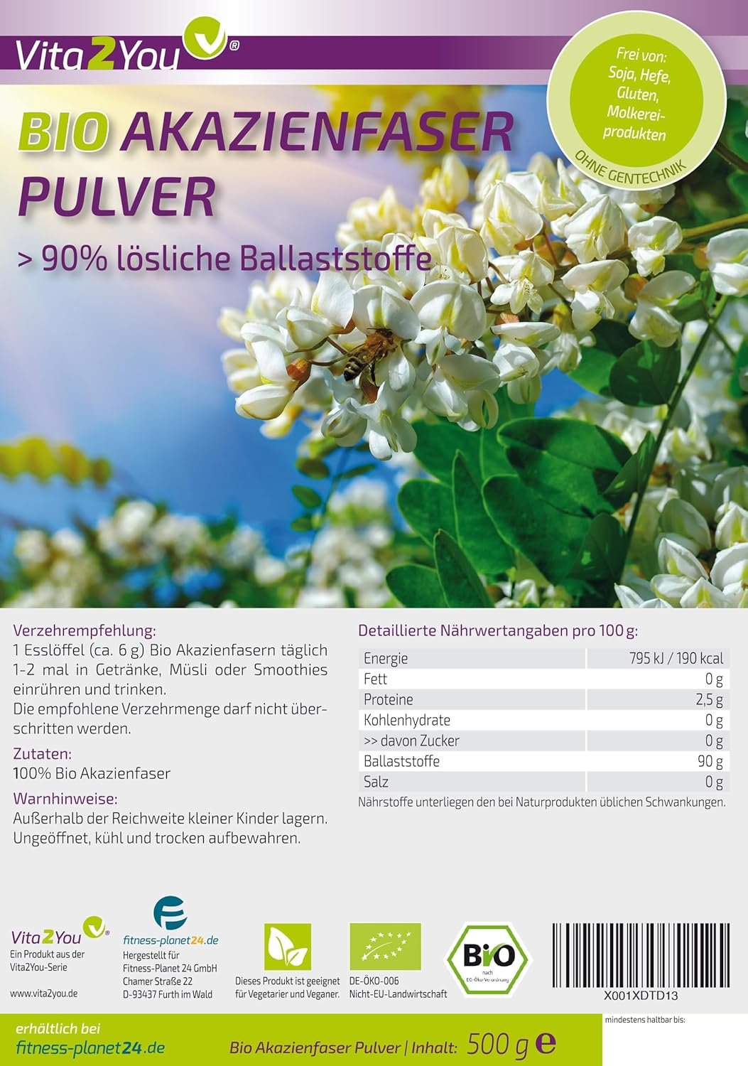 81Z6M48q7zL._AC_SL1500_ Akazienfasern pulver bio 500g – Ballaststoffreich & Geschmacksneutral | Vita2You