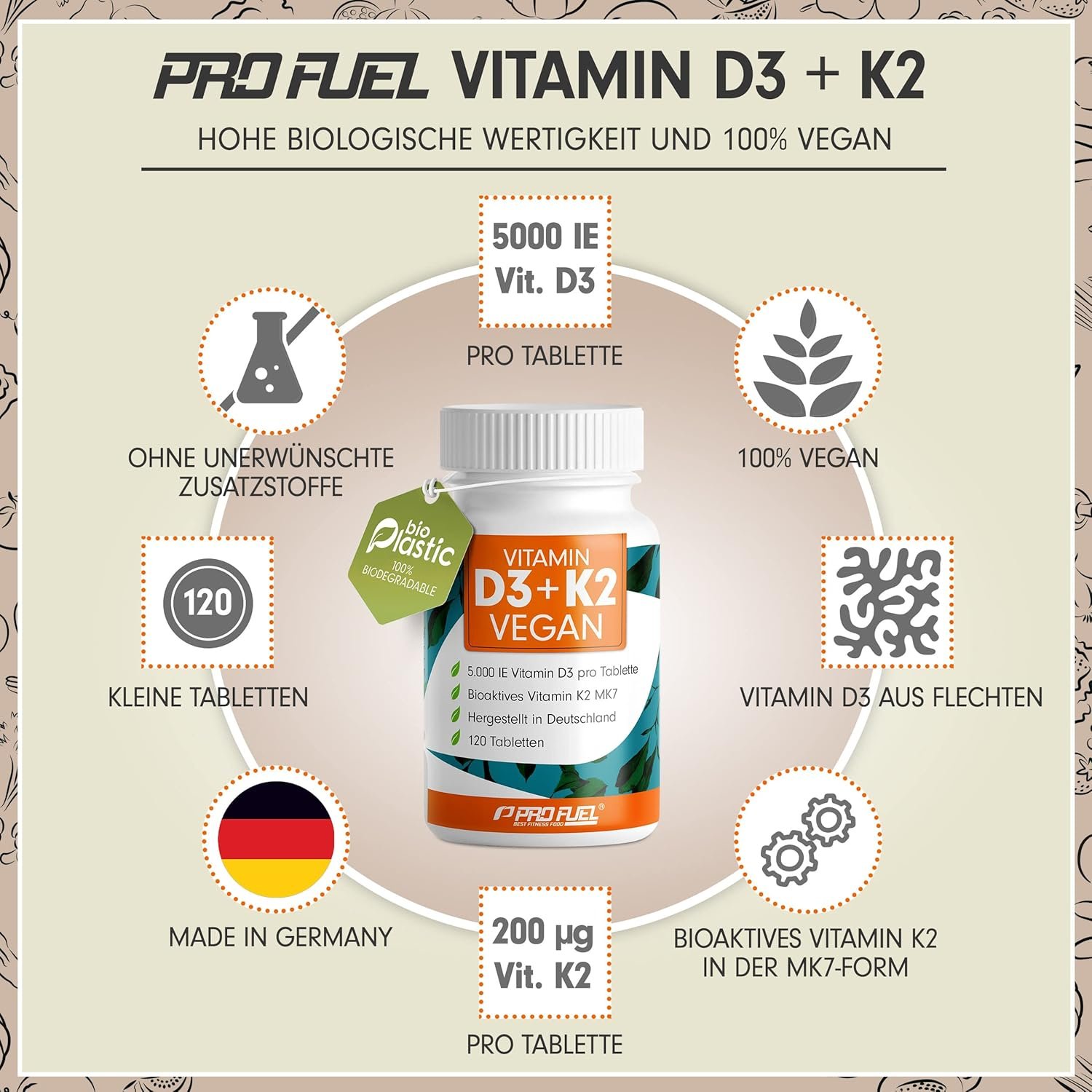 120 Tabletten Vitamin D3 K2 Tabletten 5000 IE D3 200 mcg K2 ProFuel