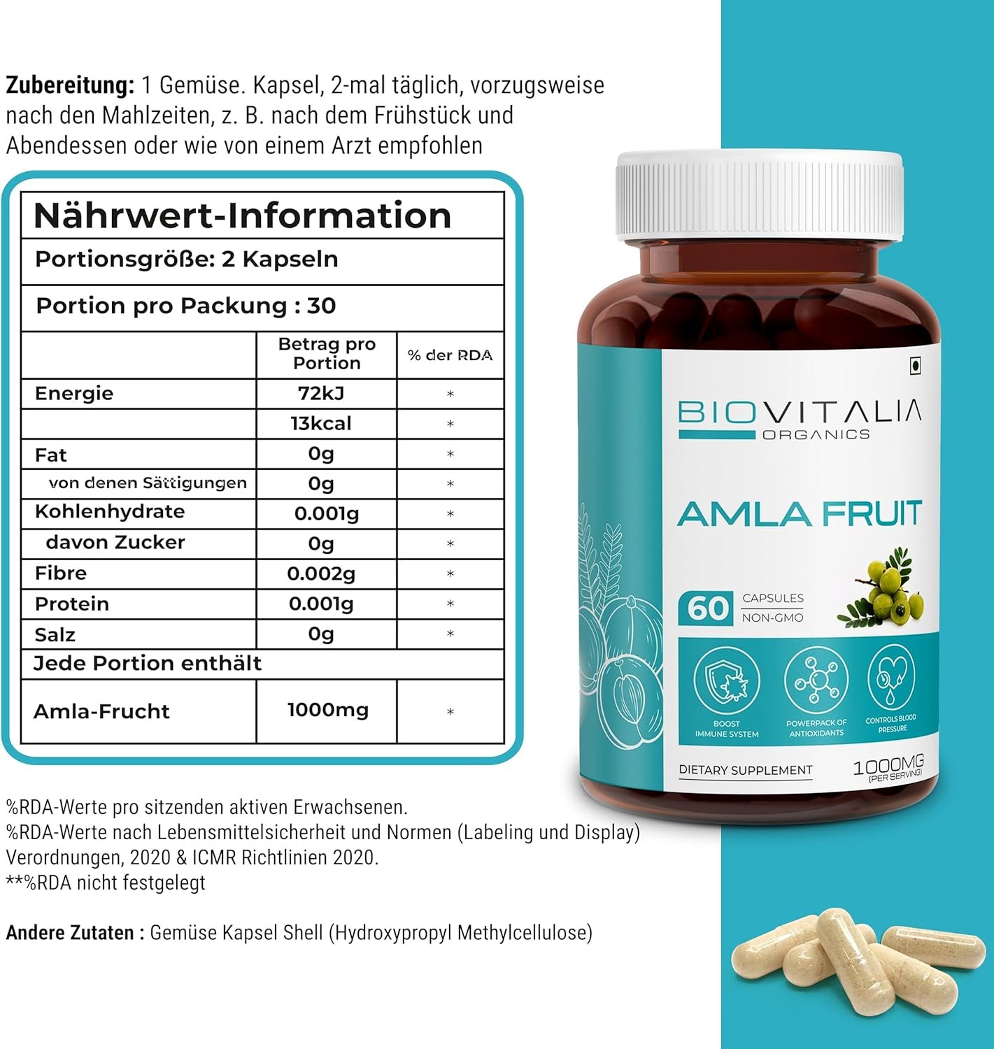 81crxWby+-L._AC_SL1500_ 60 Amla Kapseln hochdosiert 1000 mg vegan für Haut, Verdauung & Immunsystem | Biovitalia Organics