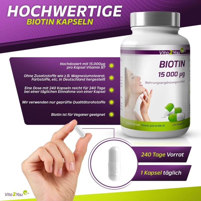 240 Kapseln Biotin Kapseln 15.000 mcg hochdosiert vegan Vita2You