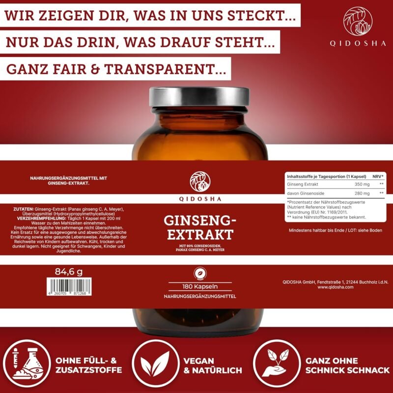 180 Ginseng Kapseln hochdosiert mit 80 % Ginsenosiden im Apothekerglas | QIDOSHA