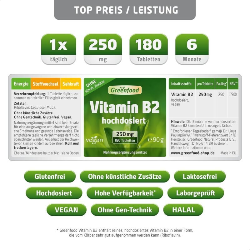 180 Tabletten Vitamin B2 Tabletten 250 mg hochdosiert vegan Greenfood