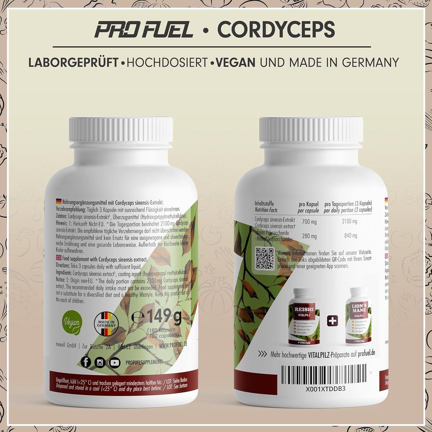 180 Kapseln Cordyceps Kapseln 10:1 Extrakt 40% Polysaccharide | ProFuel