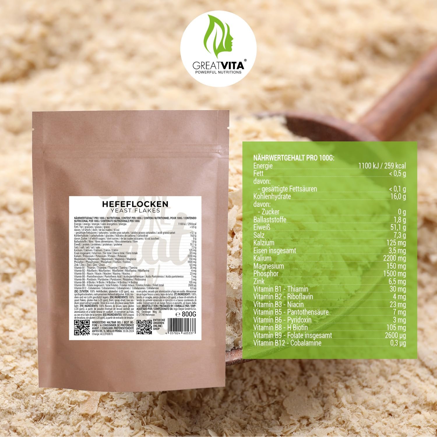 800g Hefeflocken vegan naturbelassen Premium Qualität GreatVita