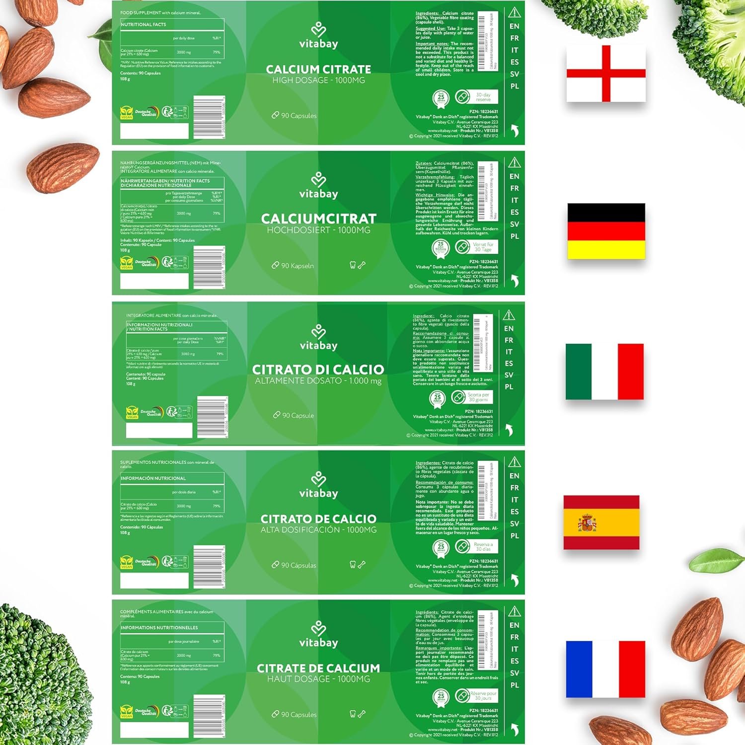 90 calcium hochdosiert 1000mg kapseln – Vegan Calciumcitrat – Vitabay