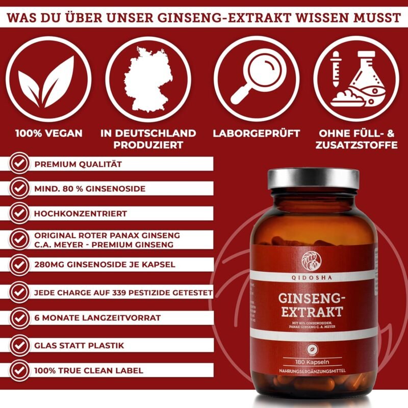 180 Ginseng Kapseln hochdosiert mit 80 % Ginsenosiden im Apothekerglas | QIDOSHA