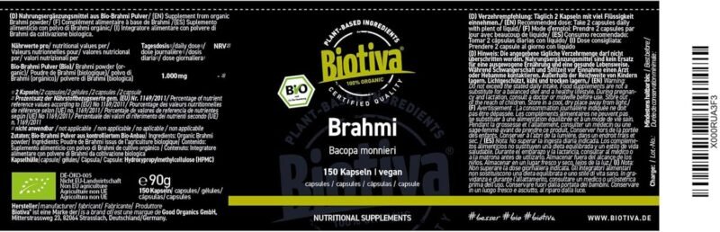 150 Kapseln Brahmi Kapseln Bio 500 mg Bacopa Monnieri vegan Biotiva