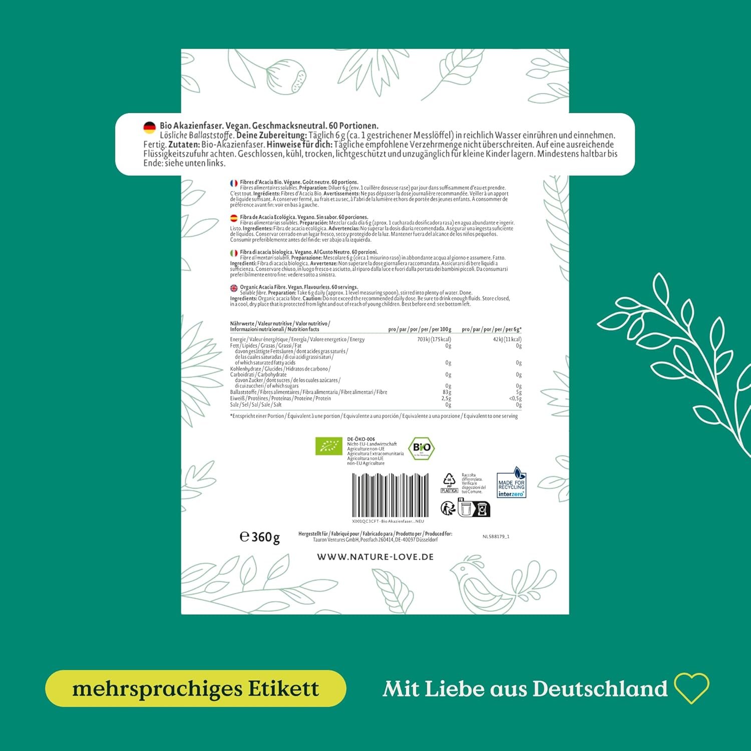 360 g Akazienfaser Pulver bio löslich & geschmacksneutral | NATURE LOVE