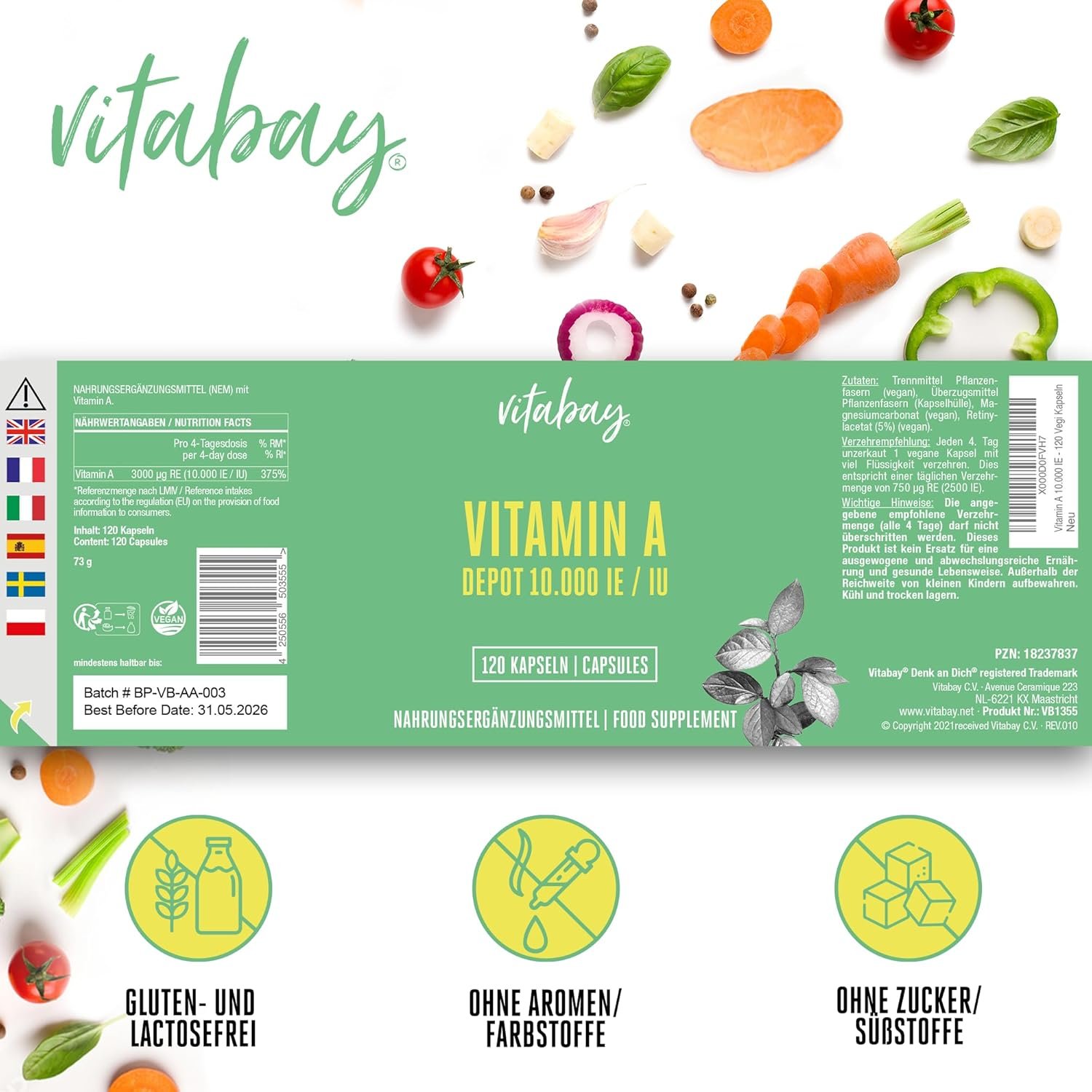 120 Kapseln Vitamin A Kapseln 10000 IE hochdosiert vegan Vitabay