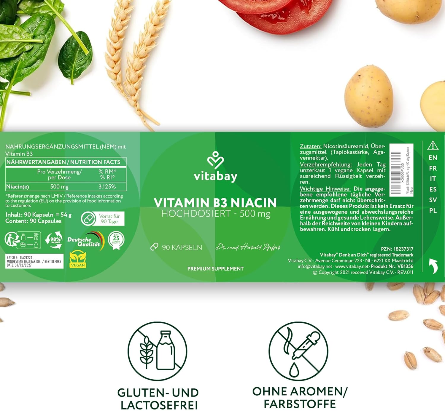 90 Kapseln Vitamin B3 Kapseln 500 mg hochdosiert vegan Vitabay