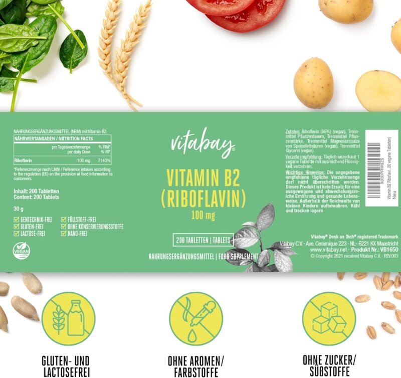 200 Tabletten Vitamin B2 Tabletten 100 mg hochdosiert vegan Vitabay