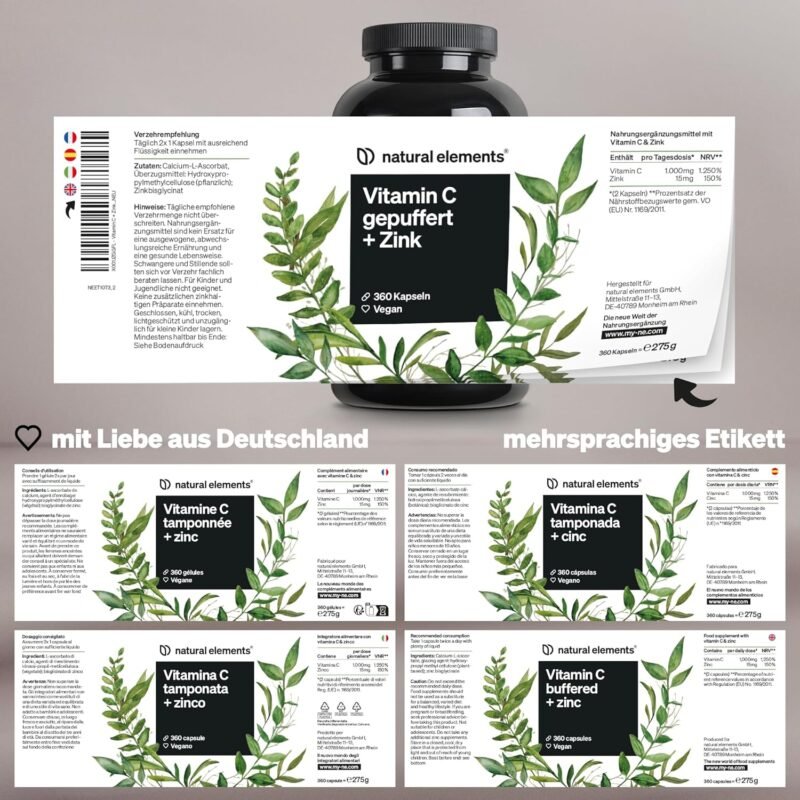 360 Kapseln Vitamin C Kapseln 1000 mg + 15 mg Zink vegan natural elements