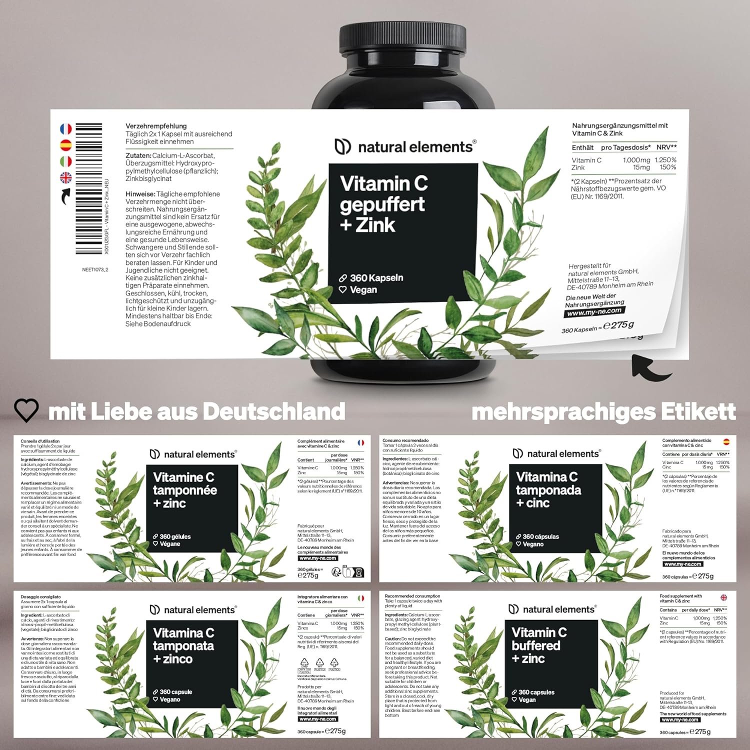 81twdmyIRqL._AC_SL1500_ 360 Kapseln Vitamin C Kapseln 1000 mg + 15 mg Zink vegan natural elements