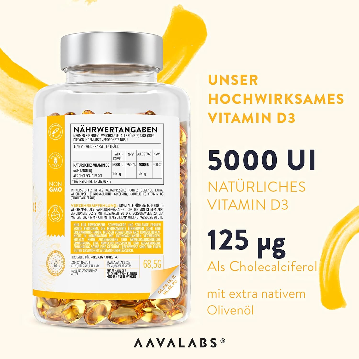 365 Kapseln Vitamin D3 Kapseln 5000 IU hochdosiert glutenfrei AAVALABS