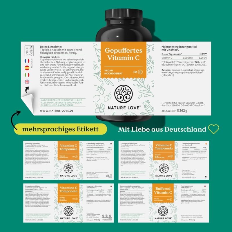 365 Kapseln Vitamin C Kapseln 1000 mg gepuffert vegan NATURE LOVE®