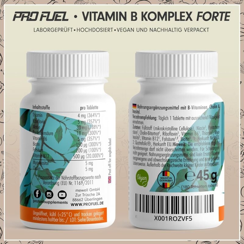 180 Tabletten Vitamin B Komplex Tabletten hochdosiert vegan ProFuel