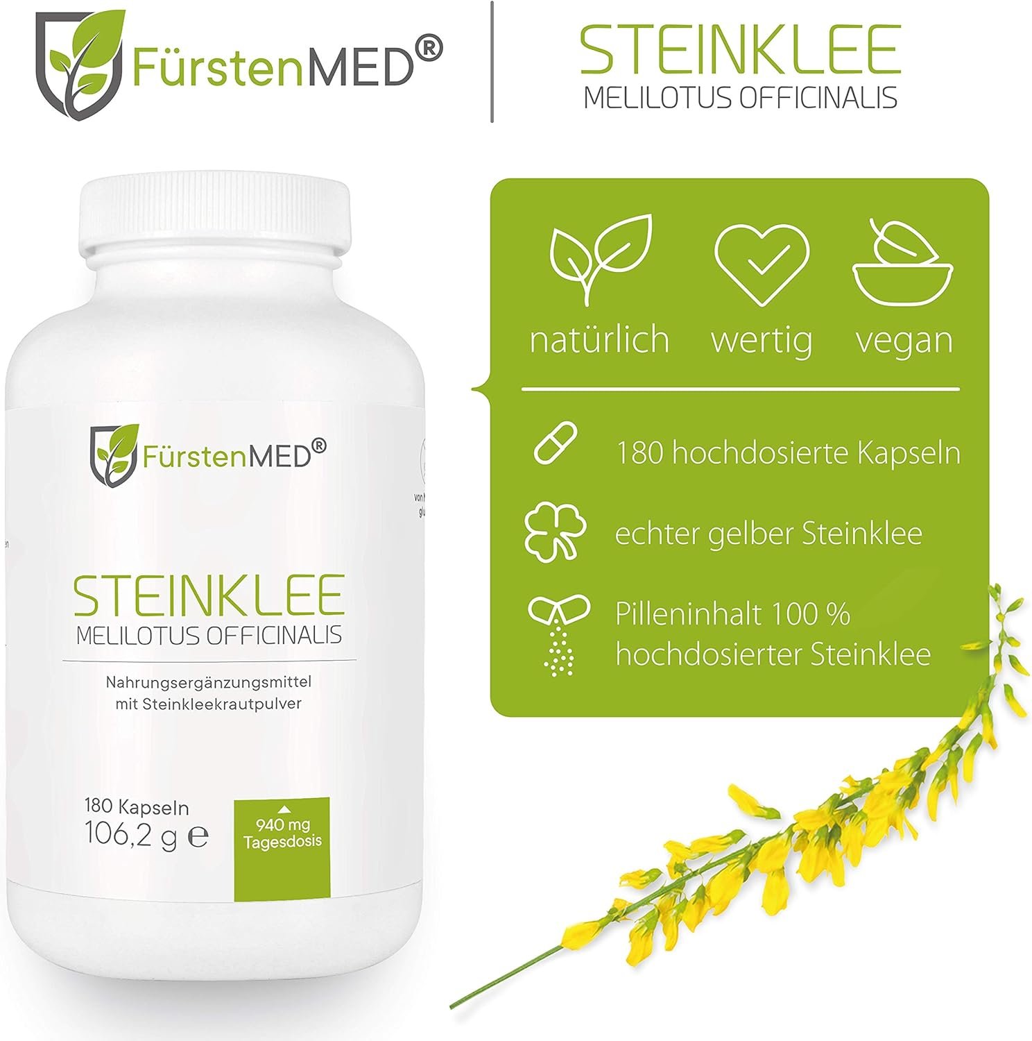 81xZCD4DaKL._AC_SL1500_ 180 Steinklee Kapseln Vegan – 940 mg pro Tagesdosis – Laborgeprüft – FürstenMED®