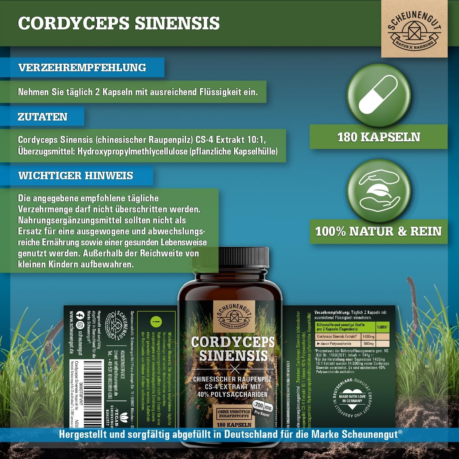 140 Kapseln cordyceps kapseln hochdosiert 1400mg vegan | SCHEUNENGUT